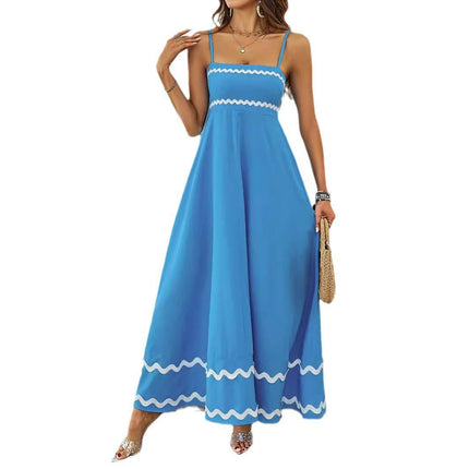 Women Spaghetti Strap Square Neck Ruffle A Line Beach Maxi Dress