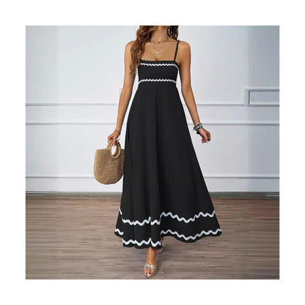 Women Spaghetti Strap Square Neck Ruffle A Line Beach Maxi Dress