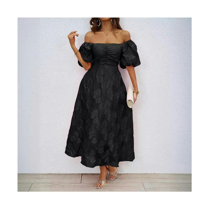 Women's Boho Off Shoulder Puff Short Sleeve Flowy A Line Beach Maxi Dress