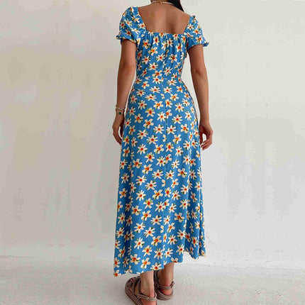 Women's Summer Puff Short Sleeve Floral Split Flowy A Line Beach Long Dresses