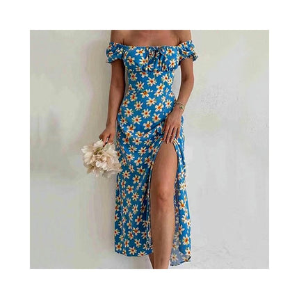 Women's Summer Puff Short Sleeve Floral Split Flowy A Line Beach Long Dresses