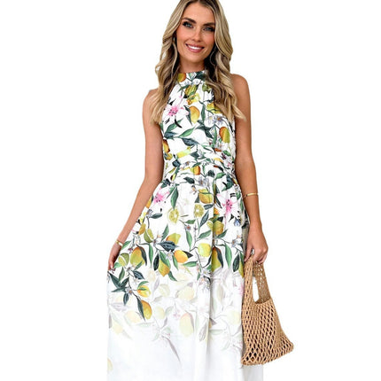 Women's Summer Sleeveless Halter Neck Smocked A Line Flowy Beach Midi Dress