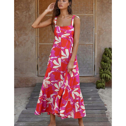 Women's Summer Boho Spaghetti Strap Square Neck Flowy Beach Swing Maxi Dress