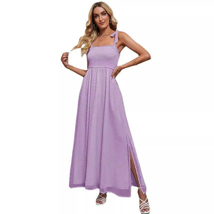 Womens Spaghetti Strap Sleeveless Split Smocked Flowy Maxi Dresses