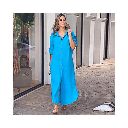 Women's Long Sleeve Button Up Loose Fit Maxi Shirt Dress with Pockets