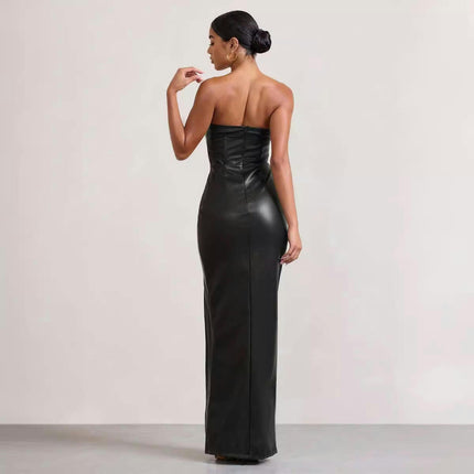 Women Sexy Strapless Tube Top Maxi Dress Off Shoulder Bodycon Party Faux Leather Dress