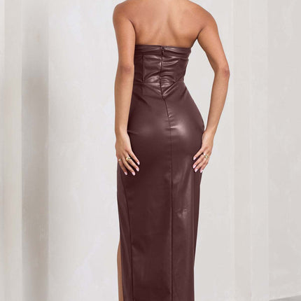 Women Sexy Strapless Tube Top Maxi Dress Off Shoulder Bodycon Party Faux Leather Dress