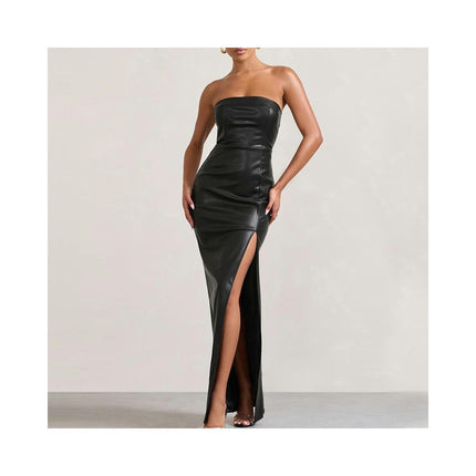 Women Sexy Strapless Tube Top Maxi Dress Off Shoulder Bodycon Party Faux Leather Dress