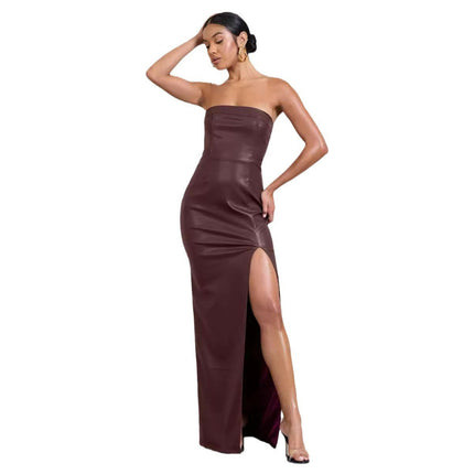 Women Sexy Strapless Tube Top Maxi Dress Off Shoulder Bodycon Party Faux Leather Dress