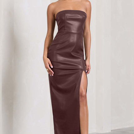 Women Sexy Strapless Tube Top Maxi Dress Off Shoulder Bodycon Party Faux Leather Dress