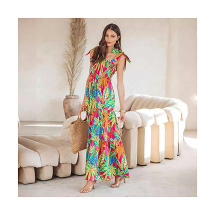 Women Summer Spaghetti Strap Sleeveless A-Line Ruffles Maxi Dresses