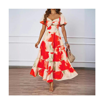 Women's Summer Boho Floral Print V Neck Ruffle Swing Beach Long Maxi Dress