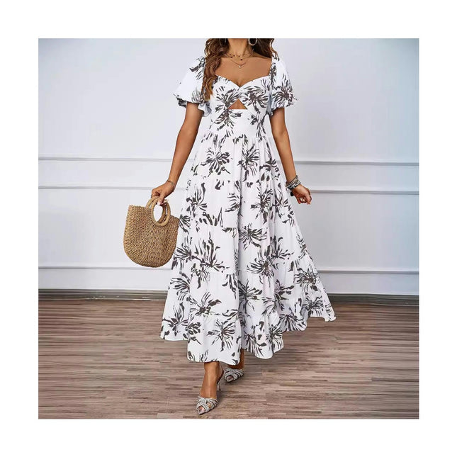 Women's Summer Boho Floral Print V Neck Ruffle Swing Beach Long Maxi Dress