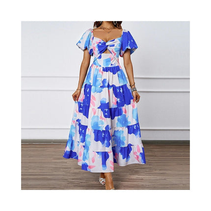 Women's Summer Boho Floral Print V Neck Ruffle Swing Beach Long Maxi Dress