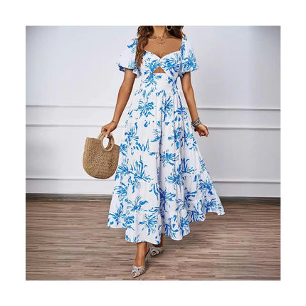 Women's Summer Boho Floral Print V Neck Ruffle Swing Beach Long Maxi Dress