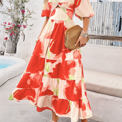 Women's Summer Boho Floral Print V Neck Ruffle Swing Beach Long Maxi Dress