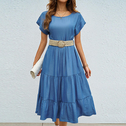 Women Summer Round Neck Short Sleeve Ruffle Tiered Midi Dress