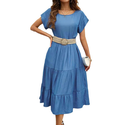 Women Summer Round Neck Short Sleeve Ruffle Tiered Midi Dress