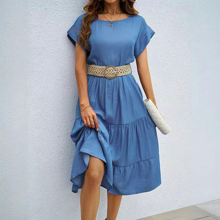 Women Summer Round Neck Short Sleeve Ruffle Tiered Midi Dress