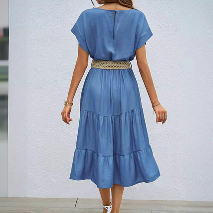 Women Summer Round Neck Short Sleeve Ruffle Tiered Midi Dress