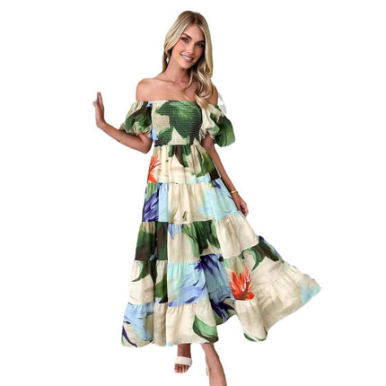 Women's Summer Off Shoulder Short Sleeve Smocked Floral Flowy A Line Maxi Dress