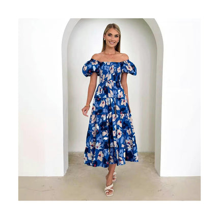 Women's Summer Off Shoulder Short Sleeve Smocked Floral Flowy A Line Maxi Dress