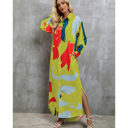 Women's Casual Long Sleeve Button Down Loose Maxi Shirt Dress