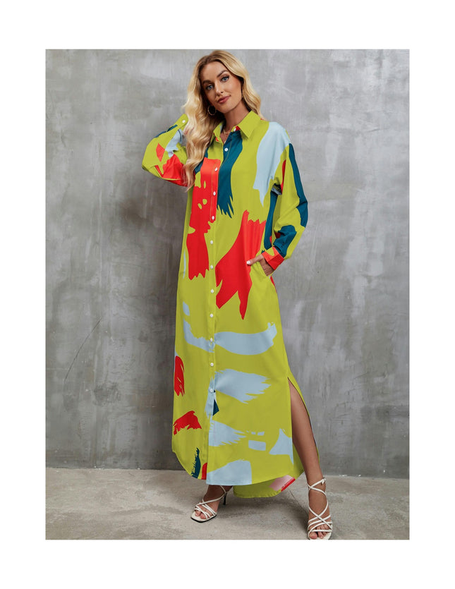 Women's Casual Long Sleeve Button Down Loose Maxi Shirt Dress