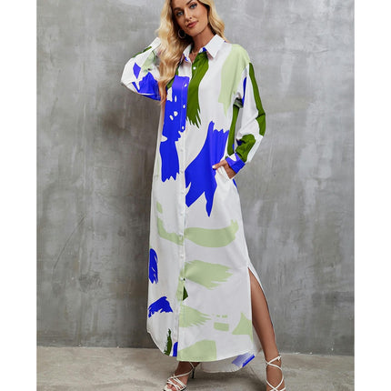 Women's Casual Long Sleeve Button Down Loose Maxi Shirt Dress