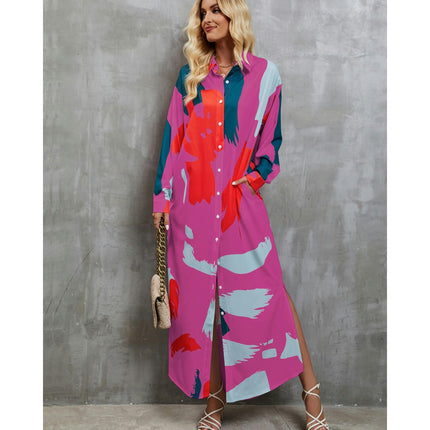 Women's Casual Long Sleeve Button Down Loose Maxi Shirt Dress