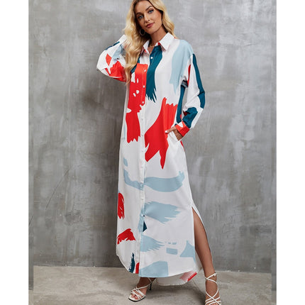 Women's Casual Long Sleeve Button Down Loose Maxi Shirt Dress