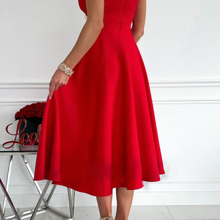 Womens Deep V Neck Sleeveless Solid A-Line Flare Swing Midi Dresses