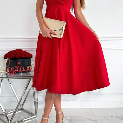 Womens Deep V Neck Sleeveless Solid A-Line Flare Swing Midi Dresses