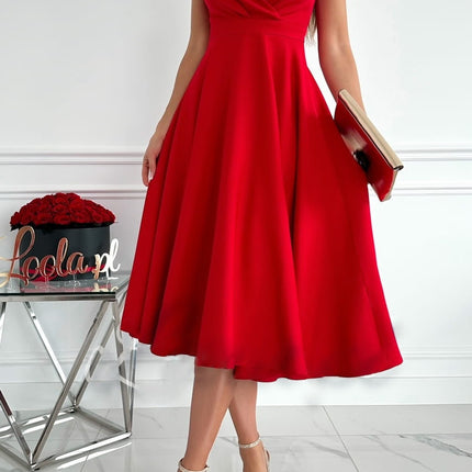 Womens Deep V Neck Sleeveless Solid A-Line Flare Swing Midi Dresses