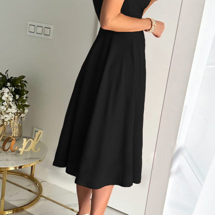 Womens Deep V Neck Sleeveless Solid A-Line Flare Swing Midi Dresses