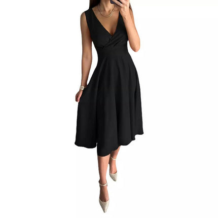 Womens Deep V Neck Sleeveless Solid A-Line Flare Swing Midi Dresses