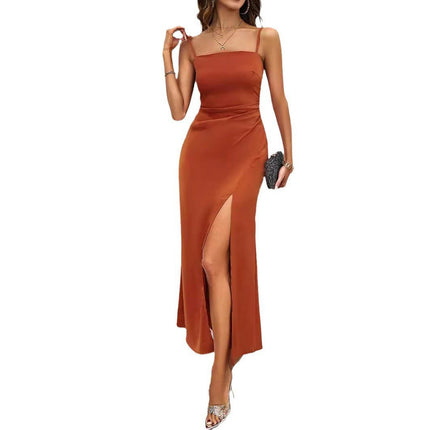 Women Spaghetti Strap Sleeveless Ruched Backless Split Bodycon Maxi Dress