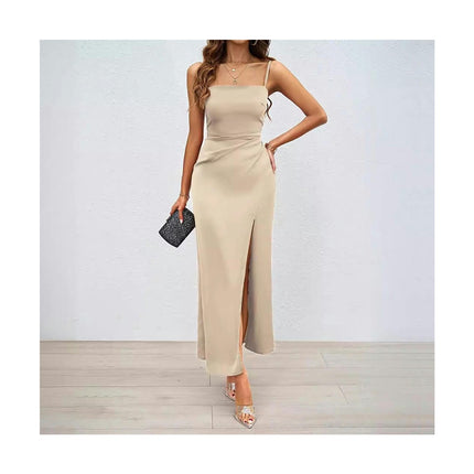 Women Spaghetti Strap Sleeveless Ruched Backless Split Bodycon Maxi Dress