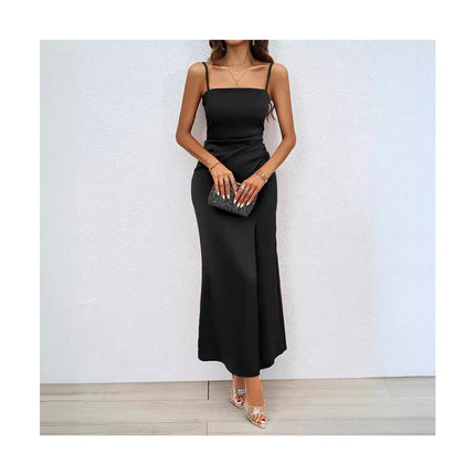 Women Spaghetti Strap Sleeveless Ruched Backless Split Bodycon Maxi Dress