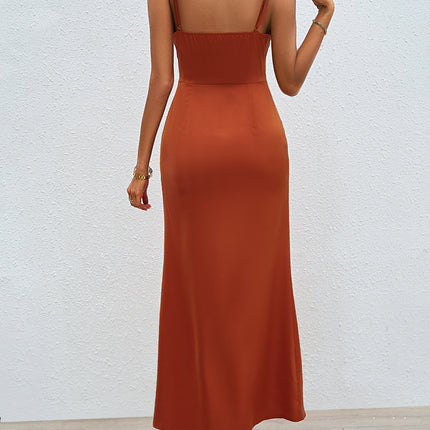 Women Spaghetti Strap Sleeveless Ruched Backless Split Bodycon Maxi Dress