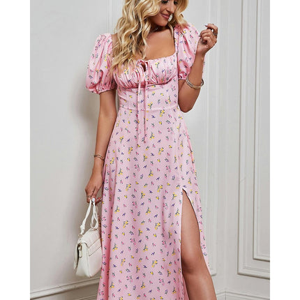 Women's Summer Puff Short Sleeve Floral Split Dress Split A Line Beach Maxi Dress