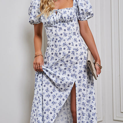 Women's Summer Puff Short Sleeve Floral Split Dress Split A Line Beach Maxi Dress