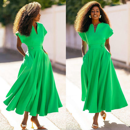 Women's V Neck Short Sleeve A Line Flowy Beach Party Maxi Dress