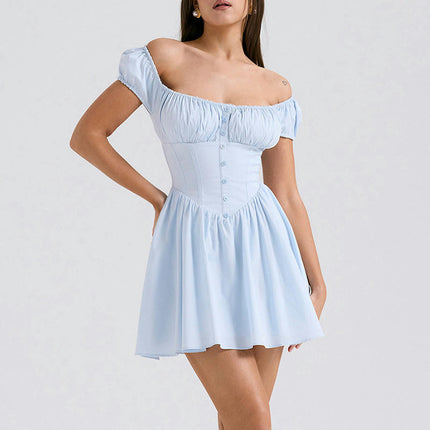 Women Off Shoulder Puff Short Sleeve A Line Mini Ruched Dress