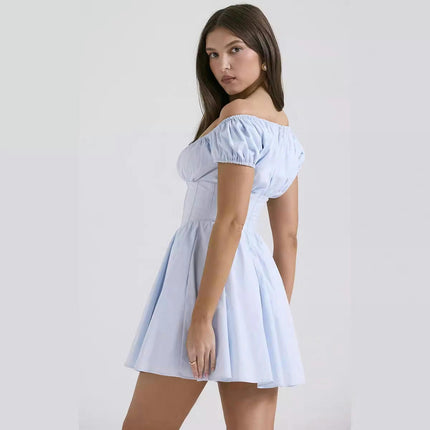 Women Off Shoulder Puff Short Sleeve A Line Mini Ruched Dress