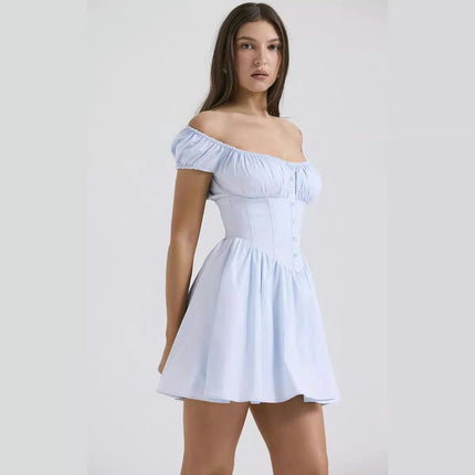 Women Off Shoulder Puff Short Sleeve A Line Mini Ruched Dress