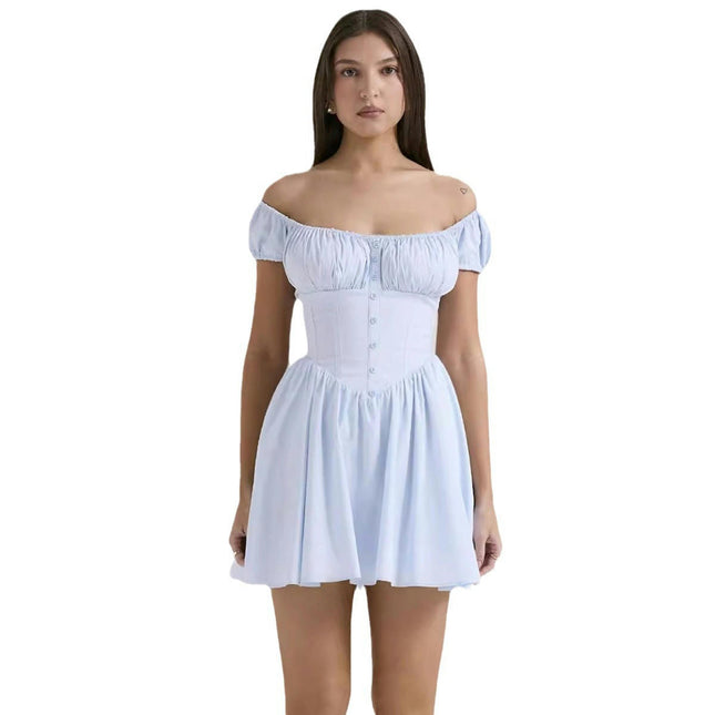 Women Off Shoulder Puff Short Sleeve A Line Mini Ruched Dress