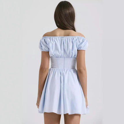 Women Off Shoulder Puff Short Sleeve A Line Mini Ruched Dress