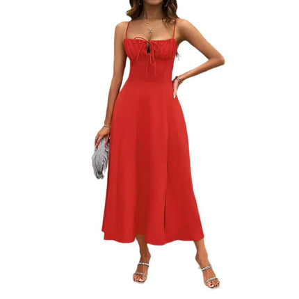 Women's Spaghetti Strap Square Neck Sleeveless Tie Side Split Slit Maxi Dress