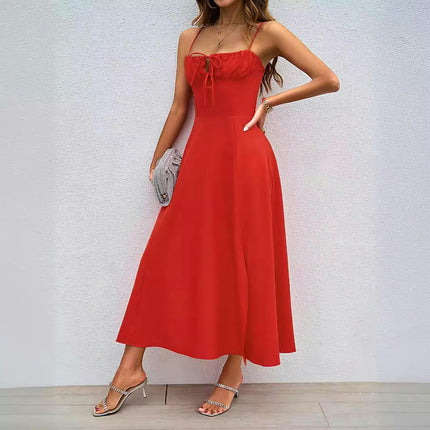 Women's Spaghetti Strap Square Neck Sleeveless Tie Side Split Slit Maxi Dress